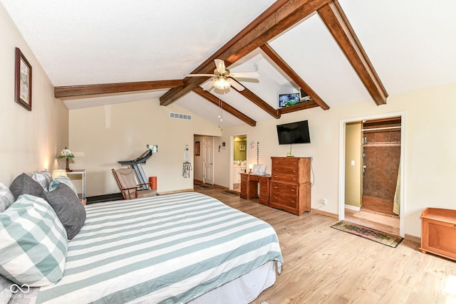 1153 Diablo Rd, Greenwood, IN 46143 - bedroom featuring light wood-style floors, a ceiling fan, visible vents, vaulted ceiling with beams, and baseboards