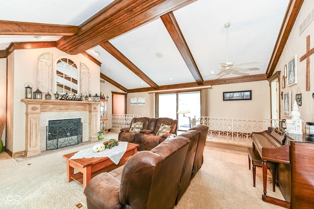 1153 Diablo Rd, Greenwood, IN 46143 - carpeted living area featuring a premium fireplace, vaulted ceiling with beams, a ceiling fan, and visible vents
