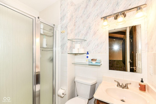 1153 Diablo Rd, Greenwood, IN 46143 - bathroom featuring toilet, tile walls, a shower stall, and vanity