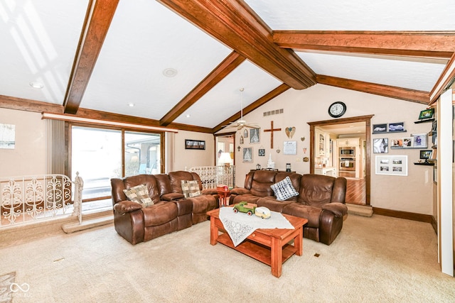 1153 Diablo Rd, Greenwood, IN 46143 - living area featuring baseboards, light colored carpet, lofted ceiling with beams, and visible vents