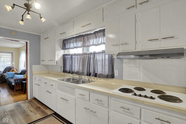 kitchen featuring under cabinet range hood, a sink, wood finished floors, white cabinets, and crown molding