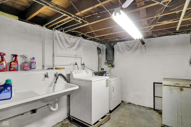 washroom with washing machine and dryer and electric panel