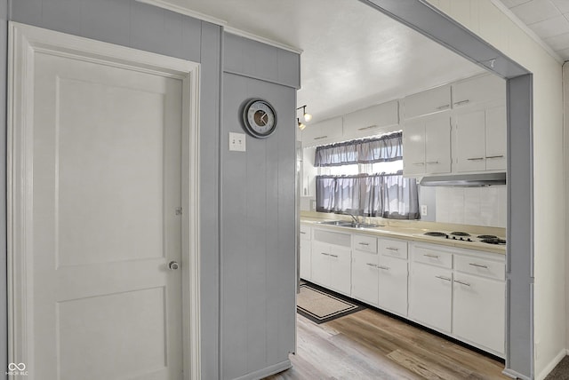 kitchen featuring light countertops, light wood finished floors, white electric cooktop, a sink, and white cabinets