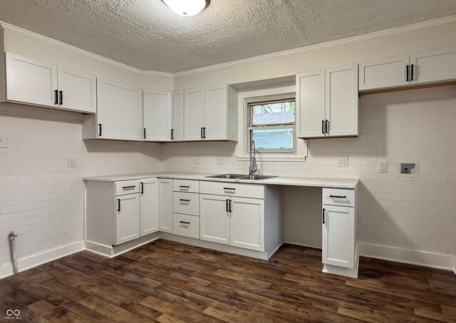 1032 Groff Ave, Indianapolis, IN 46222 - kitchen featuring a sink, a textured ceiling, dark wood-style floors, ornamental molding, and light countertops
