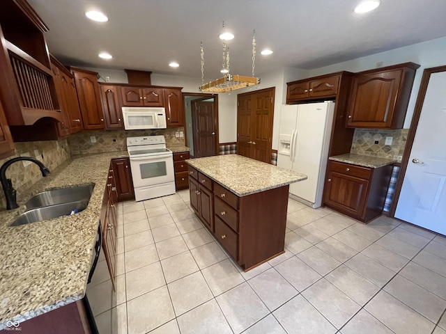 340 Southwind Ln, Greenwood, IN 46142 - kitchen featuring white appliances, tasteful backsplash, a kitchen island, open shelves, and recessed lighting