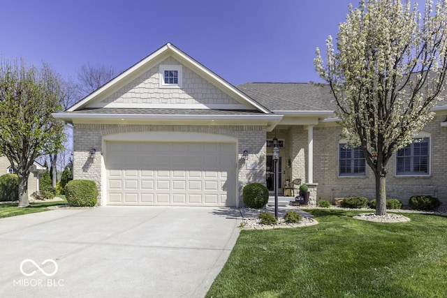 view of front of property featuring driveway, an attached garage, a front lawn, brick siding, and a shingled roof