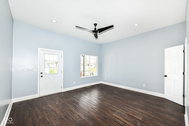 foyer entrance featuring ceiling fan, baseboards, recessed lighting, and dark wood-style flooring