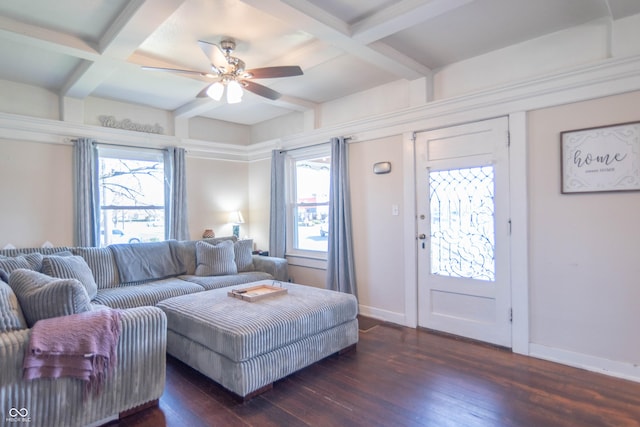 504 S Lebanon St, Lebanon, IN 46052 - living area featuring ceiling fan, baseboards, hardwood / wood-style floors, and coffered ceiling