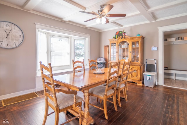504 S Lebanon St, Lebanon, IN 46052 - dining space featuring baseboards, coffered ceiling, beamed ceiling, dark wood finished floors, and ceiling fan