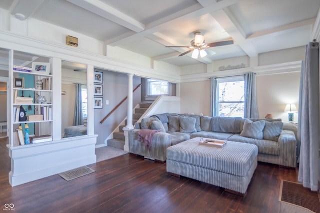 504 S Lebanon St, Lebanon, IN 46052 - living area featuring a ceiling fan, visible vents, stairs, coffered ceiling, and wood-type flooring