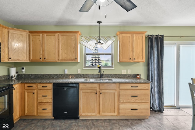 kitchen featuring a textured ceiling, a sink, a ceiling fan, and black appliances