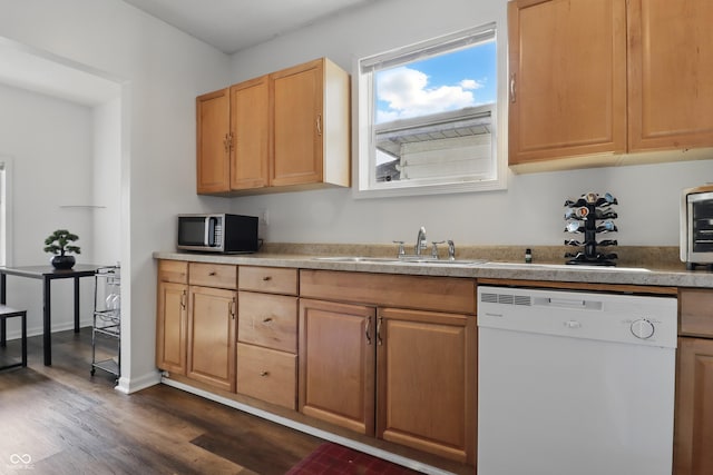 443 N Alton Ave, Indianapolis, IN 46222 - kitchen with dishwasher, stainless steel microwave, a sink, dark wood-style floors, and light brown cabinets