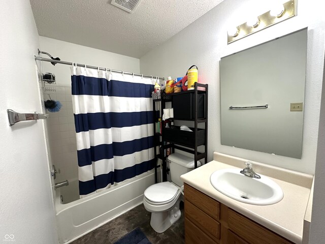 9873 Blue Ridge Way, Indianapolis, IN 46234 - bathroom with toilet, a textured ceiling, shower / bathtub combination with curtain, and vanity