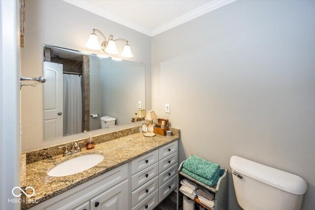 19702 Tomlinson Rd, Westfield, IN 46074 - full bathroom featuring a shower with shower curtain, vanity, ornamental molding, and toilet