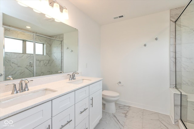 13423 E 134th St, Fishers, IN 46037 - full bathroom featuring a marble finish shower, double vanity, and marble look tile flooring