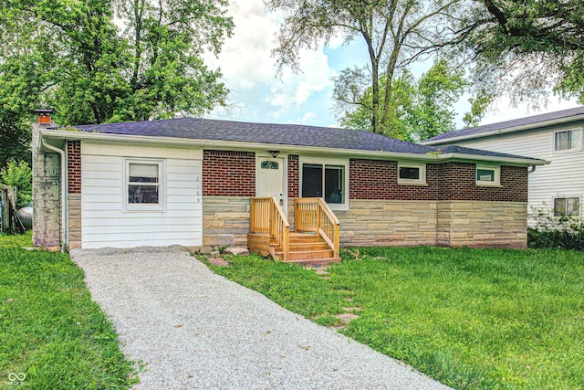 6189 Vigo Dr, Clayton, IN 46118 - ranch-style home featuring stone siding, a front yard, roof with shingles, and a chimney