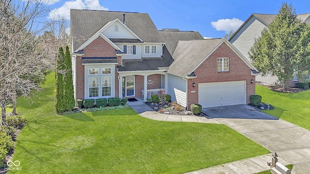 view of front of house featuring a front lawn, brick siding, roof with shingles, and concrete driveway