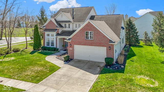 traditional-style home with a front lawn, driveway, brick siding, and roof with shingles