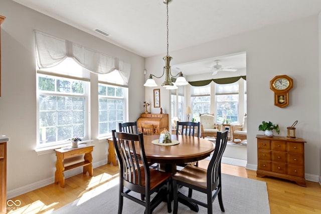 dining room featuring light wood-style flooring, visible vents, and a wealth of natural light