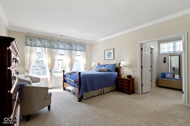 carpeted bedroom with crown molding, a textured ceiling, and visible vents