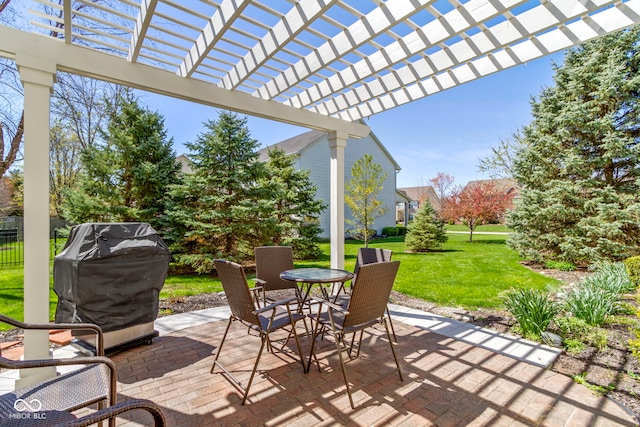 view of patio / terrace with outdoor dining area, a pergola, and grilling area