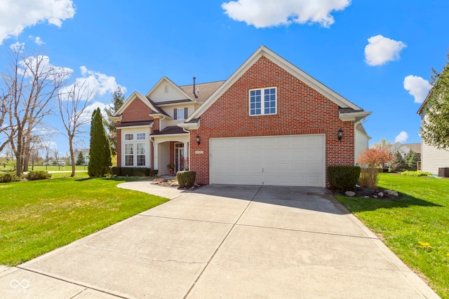 traditional home featuring concrete driveway, brick siding, a front yard, and a garage