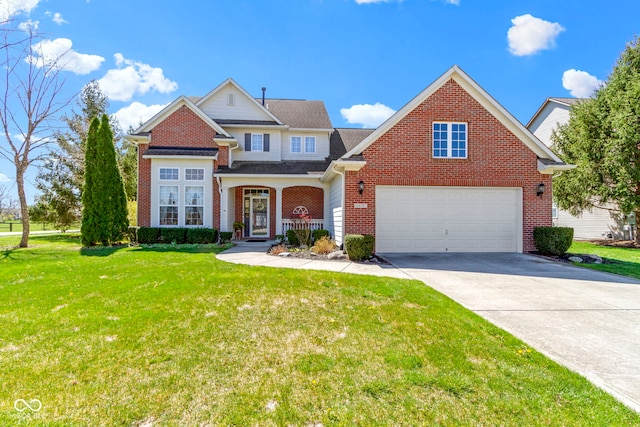 view of front of property featuring brick siding, a garage, a front yard, and concrete driveway