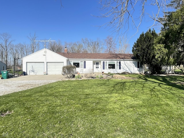 ranch-style house with concrete driveway, an attached garage, a chimney, and a front lawn