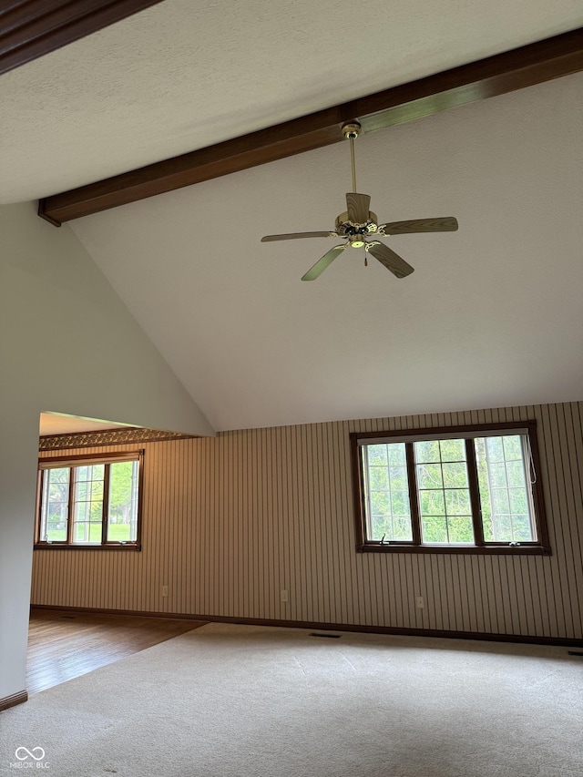 spare room featuring a wealth of natural light, a ceiling fan, beam ceiling, and light colored carpet