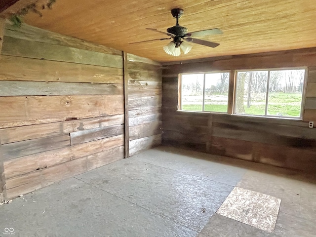 empty room featuring a ceiling fan, wooden walls, and wooden ceiling