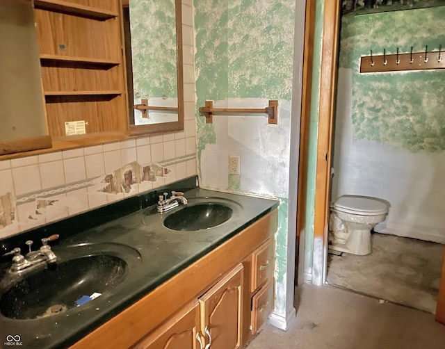 full bathroom with a sink, concrete flooring, backsplash, and toilet