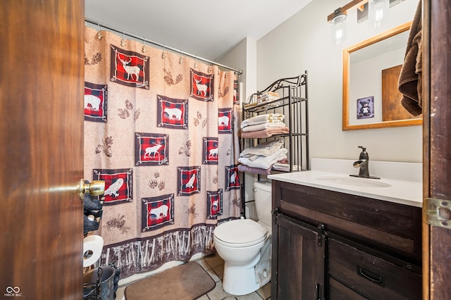 8847 E Northshore Dr, Unionville, IN 47468 - full bathroom featuring toilet, a shower with shower curtain, tile patterned flooring, and vanity