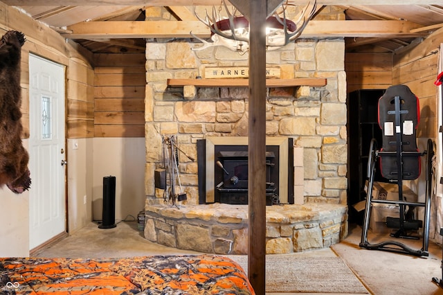 8847 E Northshore Dr, Unionville, IN 47468 - unfurnished living room featuring wood walls and lofted ceiling