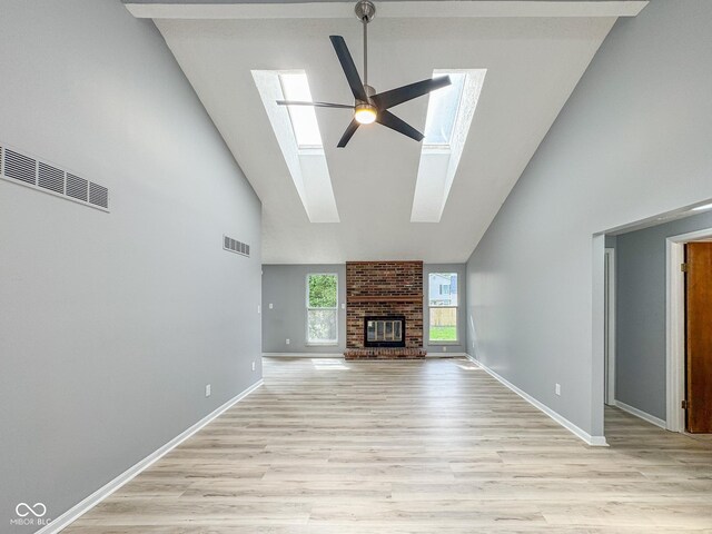 9362 Helmsdale Dr, Indianapolis, IN 46256 - unfurnished living room with a skylight, visible vents, high vaulted ceiling, and ceiling fan