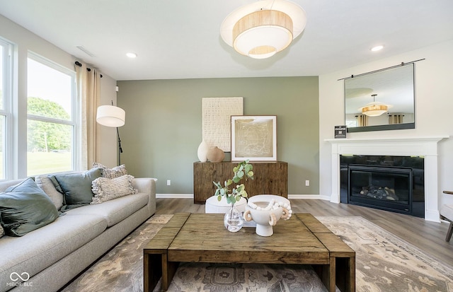 827 Allandale Ave, Westfield, IN 46074 - living room with wood finished floors, baseboards, recessed lighting, and a glass covered fireplace