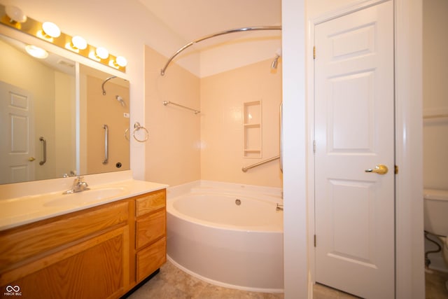full bathroom with vanity, toilet, tile patterned floors, a tub, and a shower