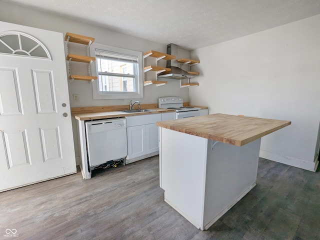 408 E Beecher St, Indianapolis, IN 46225 - kitchen featuring butcher block counters, white appliances, open shelves, a sink, and wood finished floors