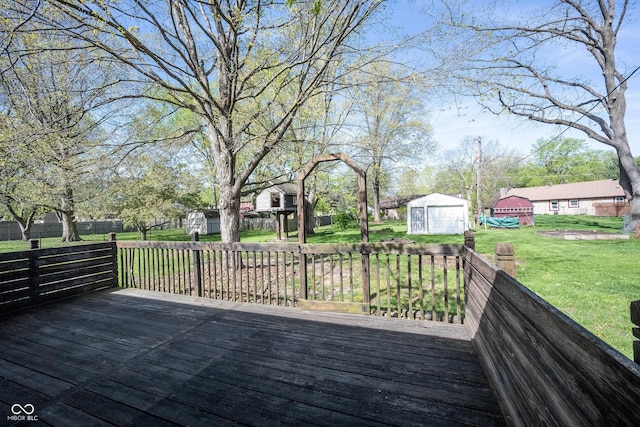 30 Sleepy Hollow Ct, Westfield, IN 46074 - wooden terrace featuring an outdoor structure, a yard, and a storage shed