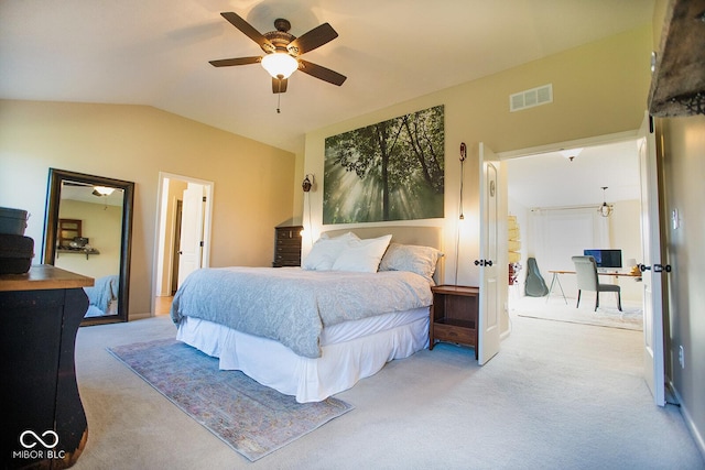 1060 Cape Coral Dr, Cicero, IN 46034 - bedroom with a ceiling fan, light colored carpet, vaulted ceiling, and visible vents
