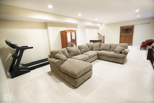 1060 Cape Coral Dr, Cicero, IN 46034 - living room with visible vents, recessed lighting, carpet flooring, and stairway