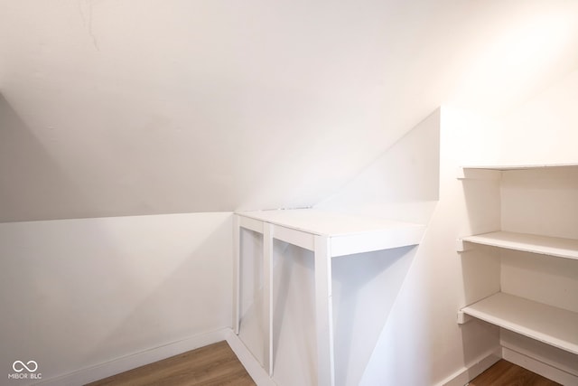 walk in closet featuring wood finished floors and lofted ceiling