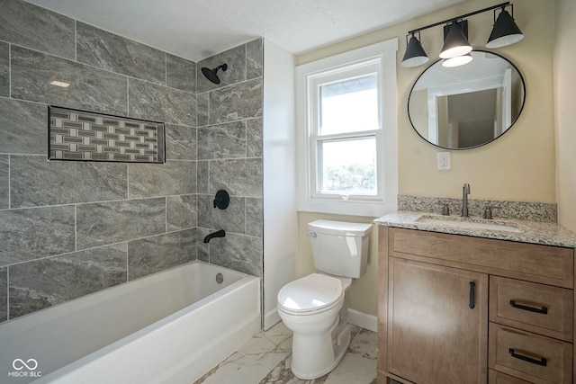 full bath with baseboards, vanity, toilet, marble finish floor, and shower / bathtub combination