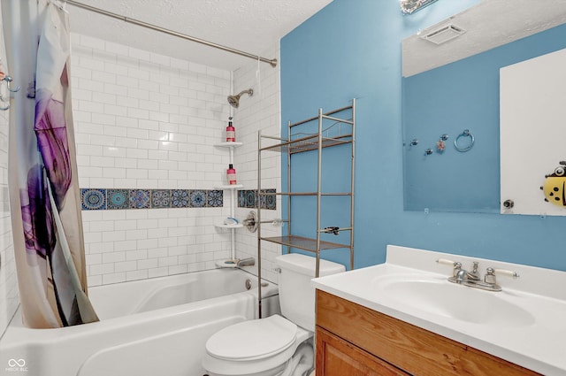 bathroom with shower / bath combination with curtain, a textured ceiling, vanity, visible vents, and toilet