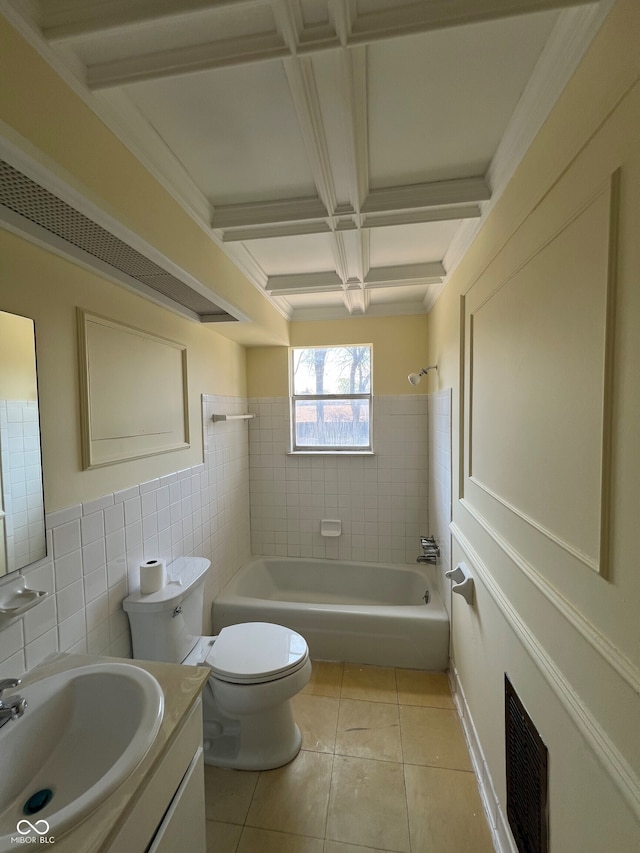 full bathroom featuring toilet, tile walls, visible vents, and tile patterned floors