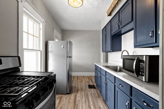 67 S 9th Ave, Beech Grove, IN 46107 - kitchen with light wood finished floors, appliances with stainless steel finishes, blue cabinetry, and a sink
