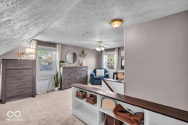 2204 Pamela Dr, Indianapolis, IN 46220 - bedroom featuring lofted ceiling, a textured ceiling, and light colored carpet