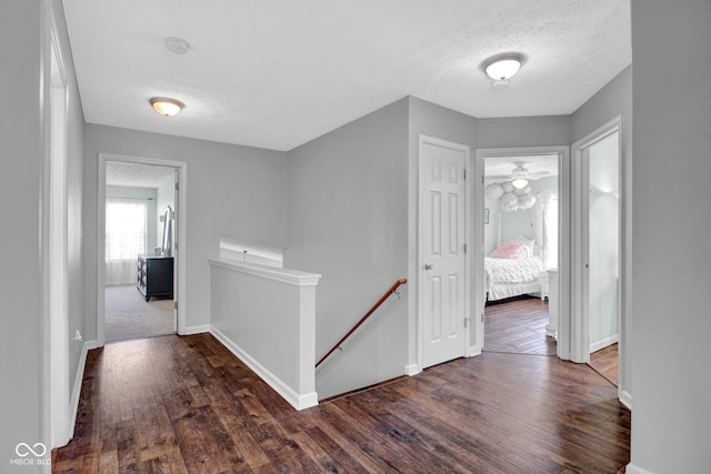 1280 Summer Ridge Ln, Brownsburg, IN 46112 - hallway featuring an upstairs landing, dark wood finished floors, and a textured ceiling