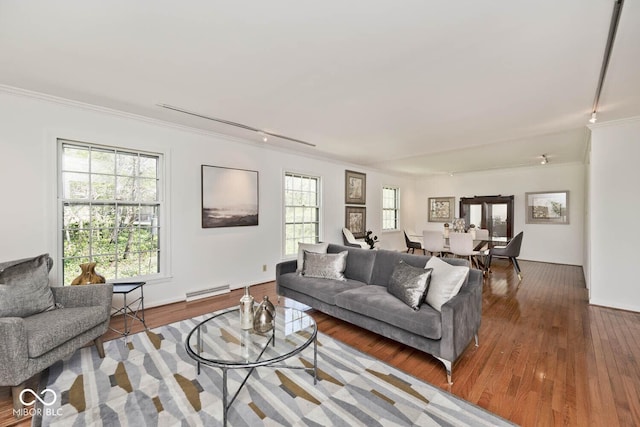 living area with wood-type flooring, a wealth of natural light, a baseboard radiator, and crown molding