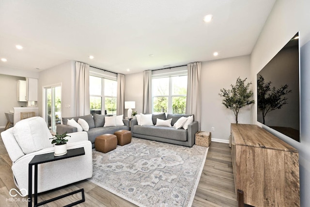 living area featuring wood finished floors, baseboards, and recessed lighting
