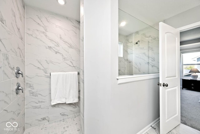 full bathroom with recessed lighting, marble finish floor, and a walk in shower